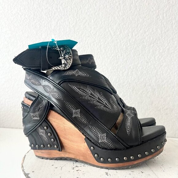 Lane Boots LEXINGTON Womens Black Wedges 6 Western Sandals Cowgirl Wooden Heel - Picture 2 of 11